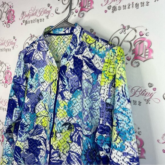 Zip up jacket mesh style lightweight Vibrant Blue and Green Patterned Jacket - Picture 4 of 9